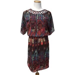 Ronni Nicole Dress Womens 6 Watercolor Lattice Neckline Blouson Sheer Lined